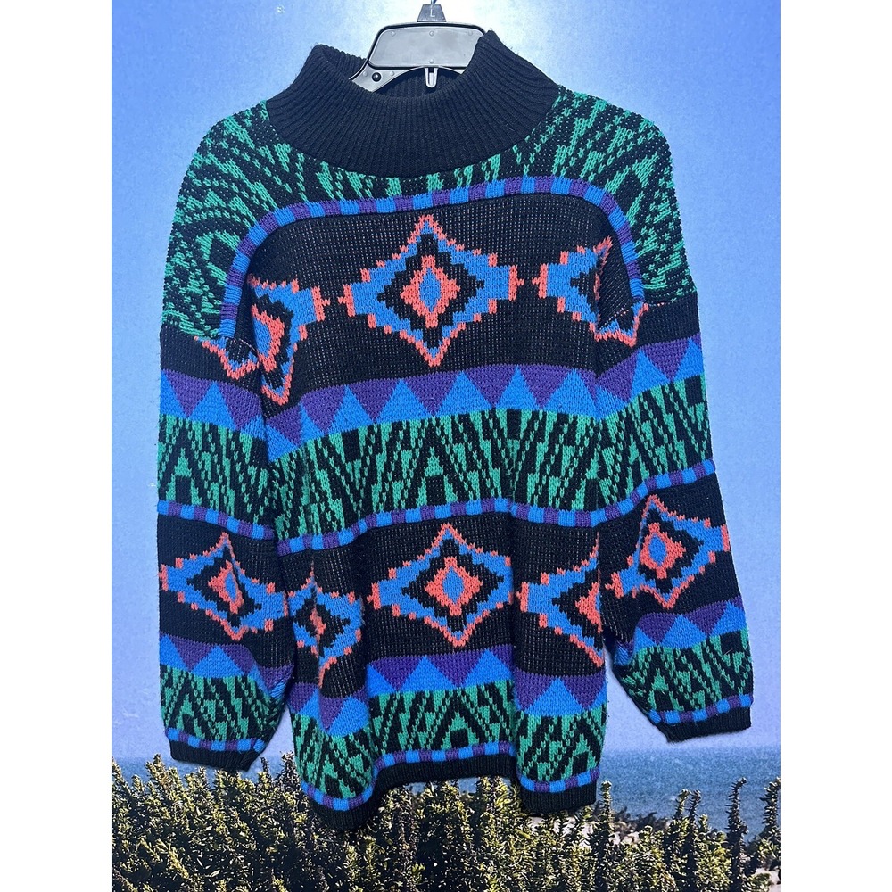 Vintage 1992 Croquet‎ Club  Acrylic Knit Pullover Turtleneck M Bright Colors
